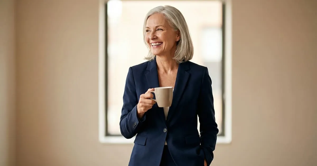 A confident professional woman in her 50s smiling while holding a coffee cup, representing a successful career change at midlife