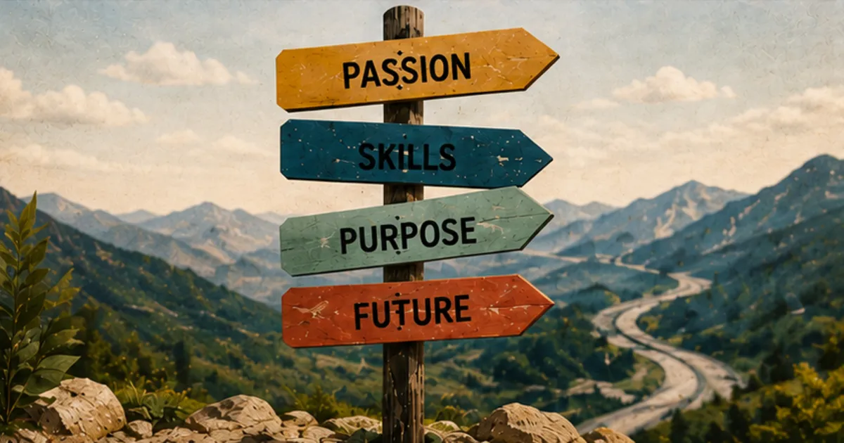 A signpost with arrows labeled Passion, Skills, Purpose and Future against a mountain backdrop.