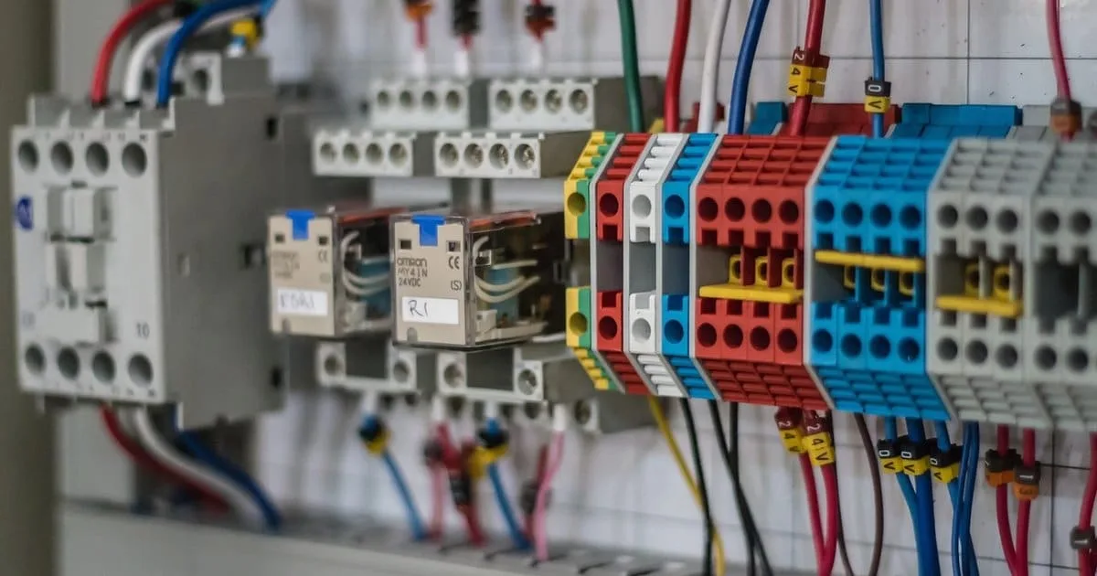An electrician's hands wiring an open electrical panel, illustrating hands-on trade work for a career-change audience