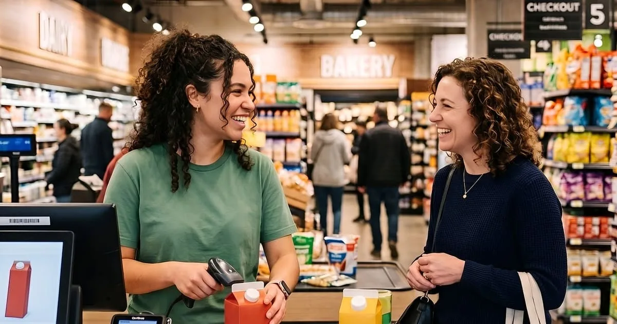 A smiling cashier scanning groceries for a customer at a supermarket checkout counter.
