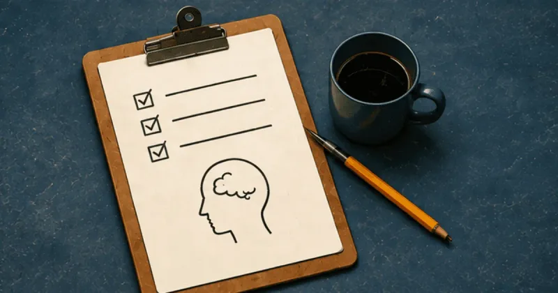 A clipboard with a checklist and a simple head-and-brain sketch beside a cup of coffee.